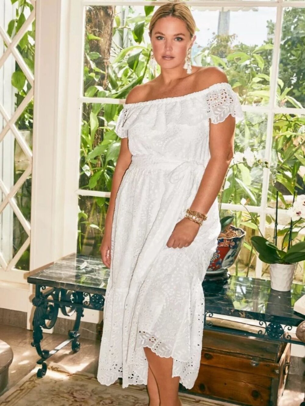 Lilly Pulitzer Geri Off-The-Shoulder White Swirly Scalloped Midi dress, sz L